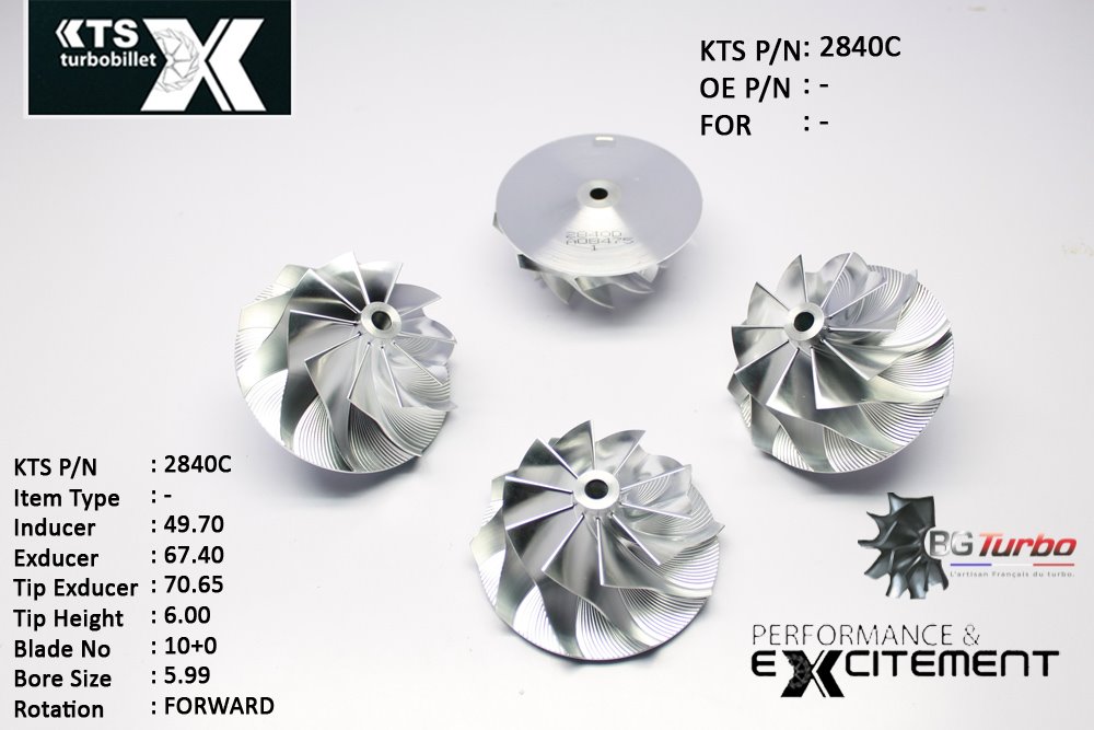 Turbo ROUE FORGÉE MFS PERFORMANCE - 10+0 PALES - INDUCER : 49,7 - EXDUCER : 67,4 - TYPE : GT28ANGLE : 60° - ROTATION : Forward - SUPER BACK : 2,32 - BORE SIZE : 5,99
